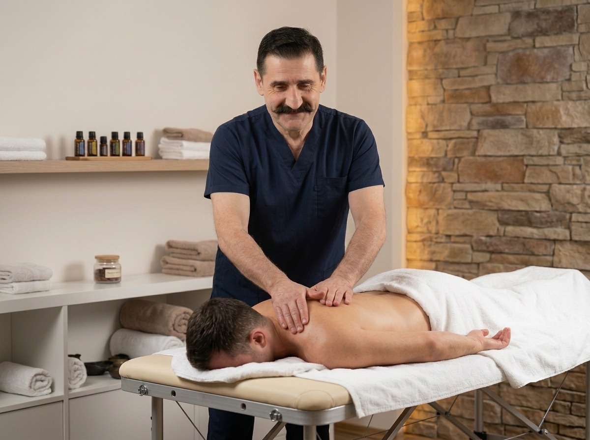 Felix Etin, RMT, performing therapeutic massage in Calgary